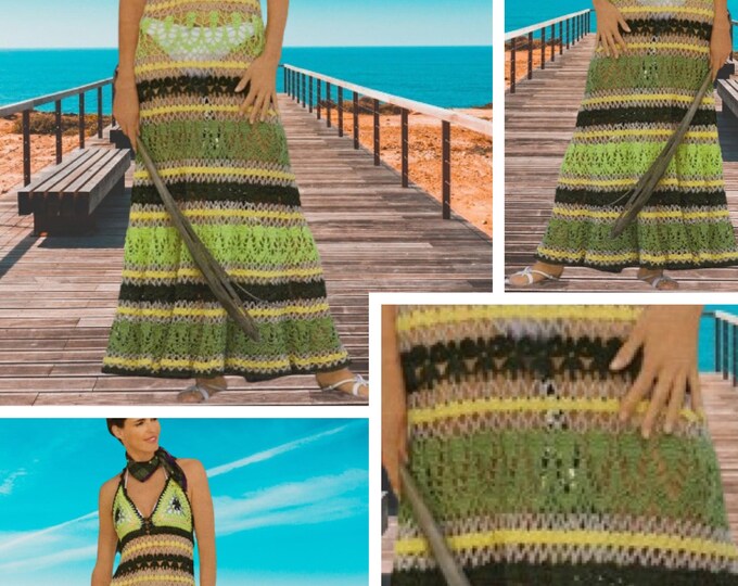 Vintage. Long lace dress model, multicolored cotton crochet, for women. Pattern with French tutorial PDF format