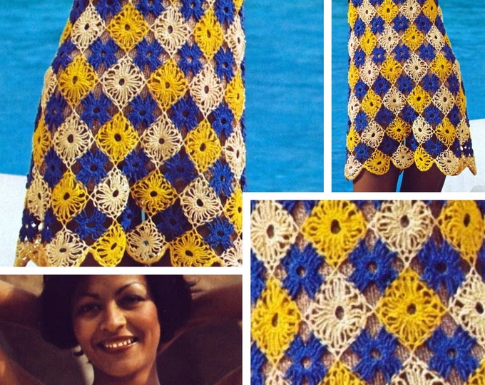 Vintage. Chic model dress - tunic for beach, multi-colored crochet, for women. Pattern with English and French tutorials PDF format