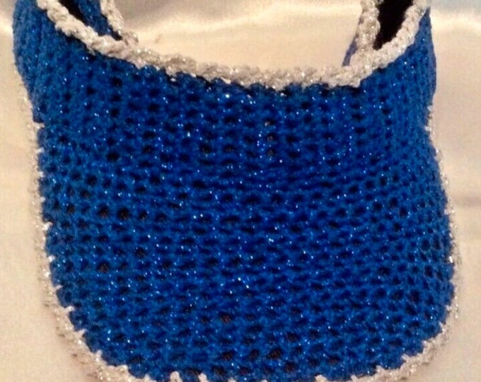 Handmade crochet visor. Unique model, one size Navy blue color, cotton with lurex