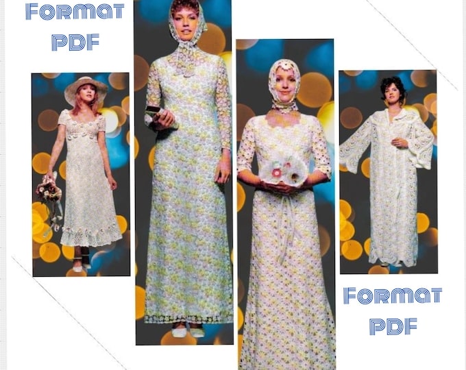 Vintage PDF .Parade 4 Patterns white cotton crochet wedding lace dresses for women. Pattern with French tutorial in Pdf format