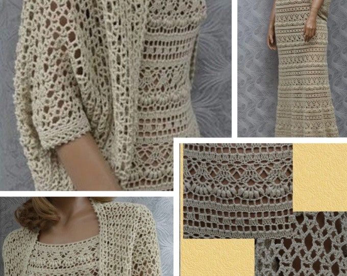Crochet lace set pattern. Schemes, international diagrams, tutorials with written explanation in French, English