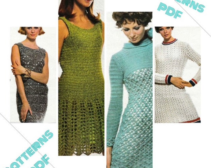 PDF Vintage, small book - patterns, festival of crochet dresses, 4 crochet models Patterns with tutorials in English PDF format