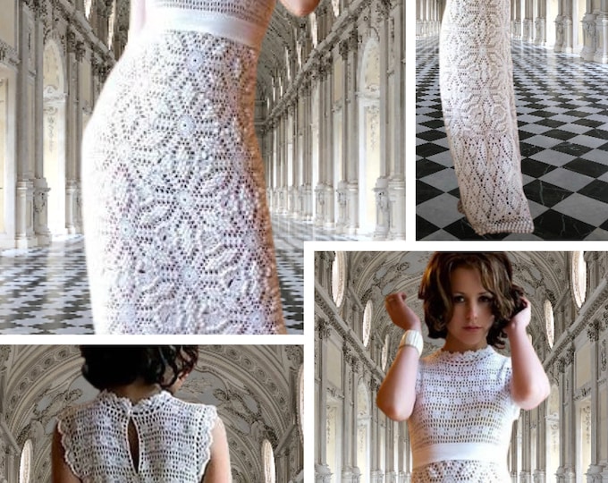 Chic Wedding Dress Pattern, White Cotton Lace Crochet. Schemes, International Diagrams, (without written explanation)