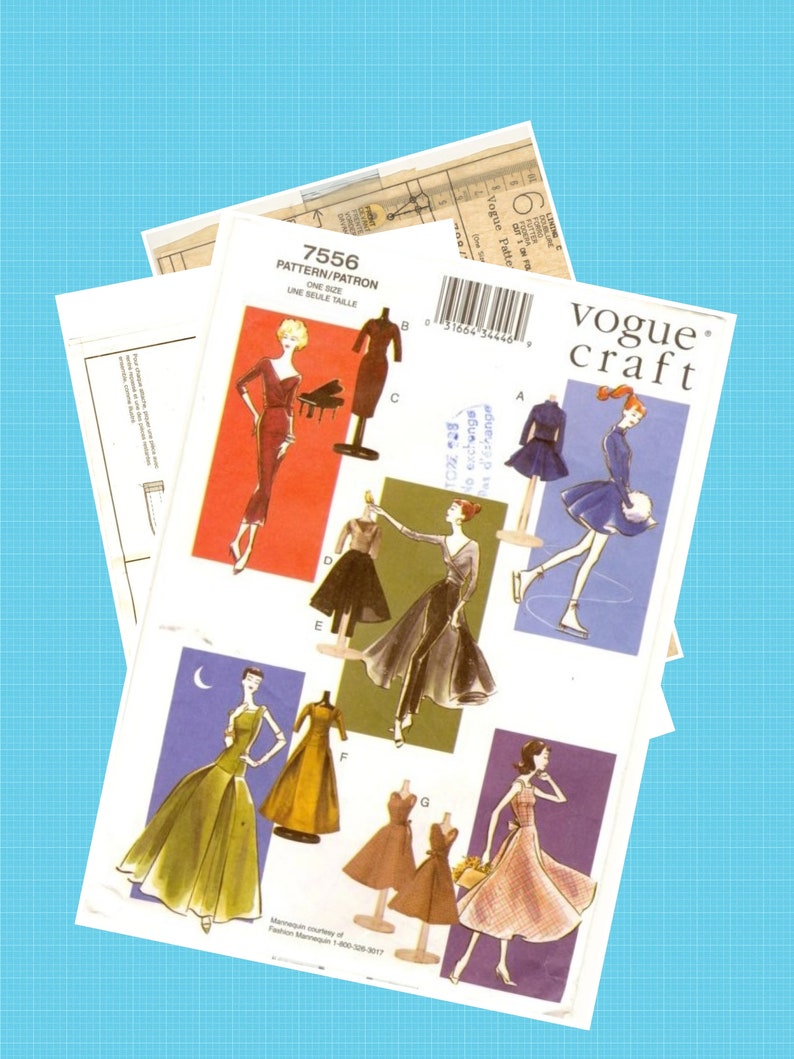 May include: A vintage Vogue Craft sewing pattern for a dress, featuring illustrations of different styles. The pattern number is 7556 and the text "One Size" is visible. The pattern includes a variety of dress styles, including a black dress, a green dress, and a pink dress.
