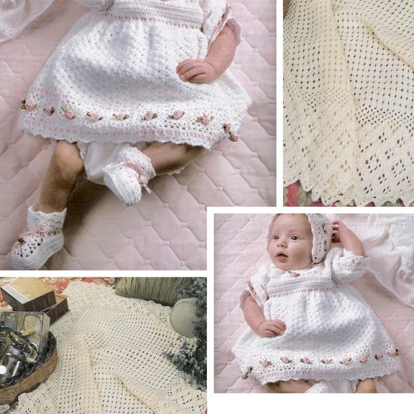 Vintage. Offre spéciale.Lot pour bébé fille à baptême.Modeles robe,bonnet, bottines,couverture,crochet.Patterns,tutoriels anglais format pdf