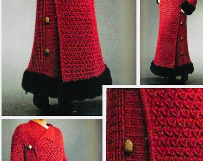 Vintage. Chic long crochet coat model, for women. Pattern with English tutorials, PDF format