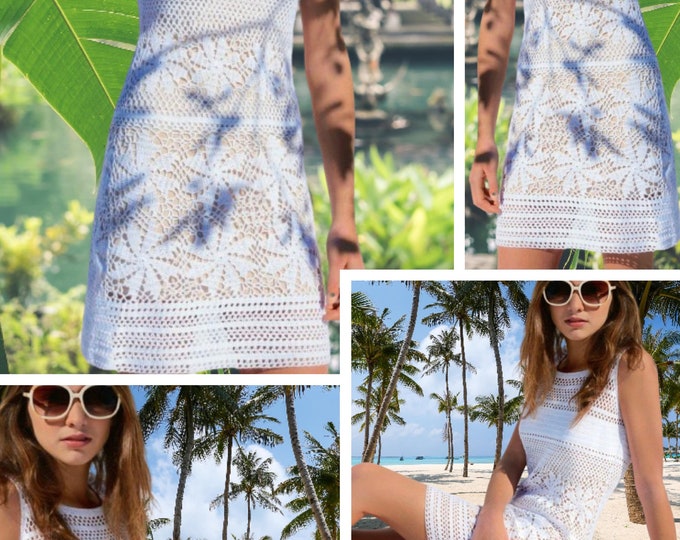 Vintage.Crochet white cotton summer lace dress model, for women.Pattern with French and English tutorial PDF format