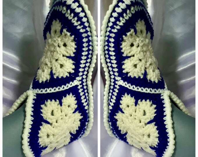 Chic slippers - large two-tone ankle boots, handmade crochet African flower style, soft wool/acrylic, for men, women