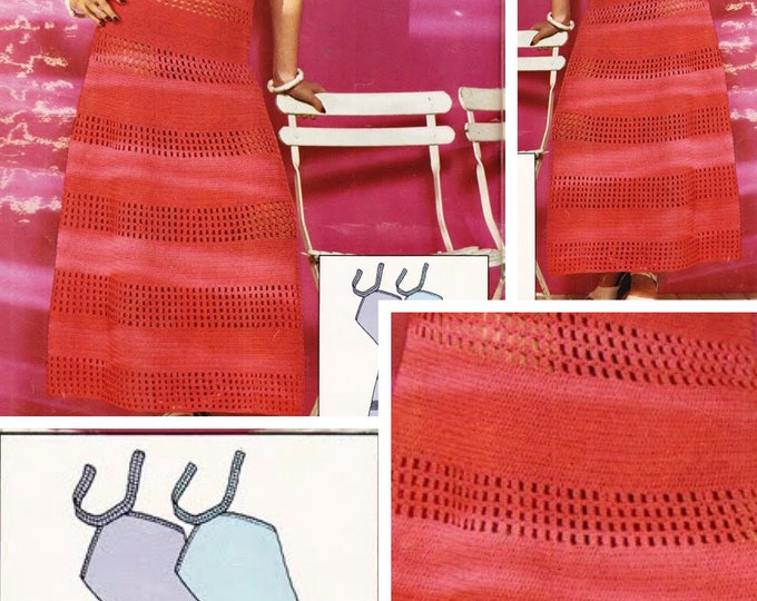Vintage.Long two-tone cotton summer lace crochet dress models, for women.Pattern with French tutorial PDF format