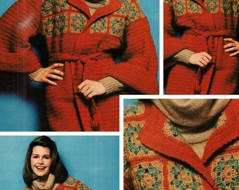 Vintage.Chic model crochet cardigan vest grandmother square style, for women.Pattern with English tutorial PDF format