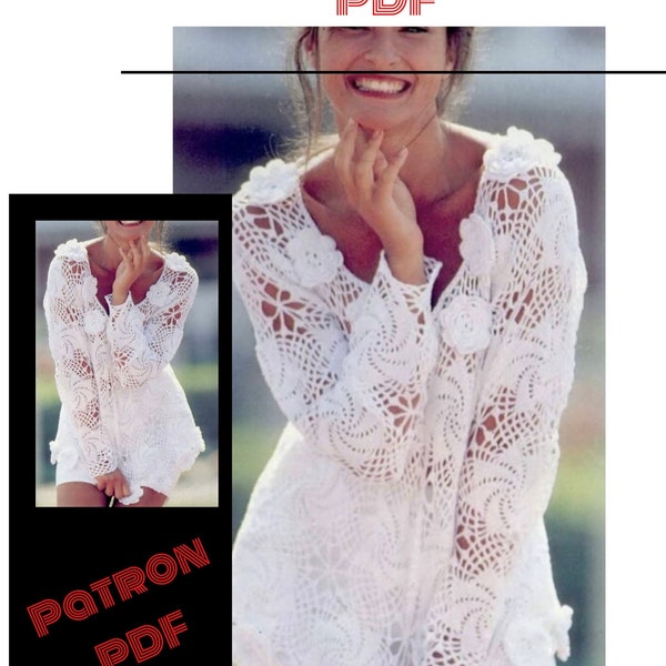 Vintage.Modèle pull - tunique dentelles au crochet ,pour femme.Pattern avec tutoriel français format Pdf