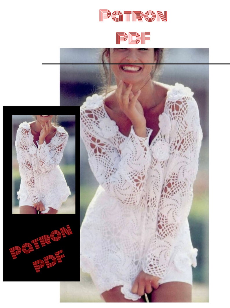 Vintage.Modello di maglia tunica in pizzo all'uncinetto, da donna.Schema con tutorial francese in formato PDF immagine 1