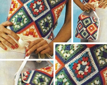 Vintage. Bustier models - tank top and crochet pouch in grandmother's square style in multicolored. French tutorial patterns Pdf format