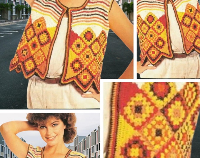 Vintage. Chic sleeveless vest model, grandmother's square style crochet, for women. Pattern with English tutorial PDF format
