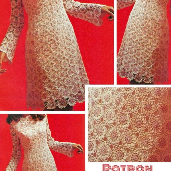 Vintage.Modèle chic robe dentelles au crochet,pour femme.Patron avec tutoriel français format Pdf