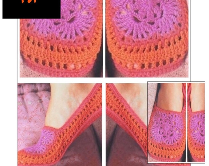 Vintage. Pattern slippers - crochet ballerinas in granny square style for women Pattern with French tutorials Pdf format