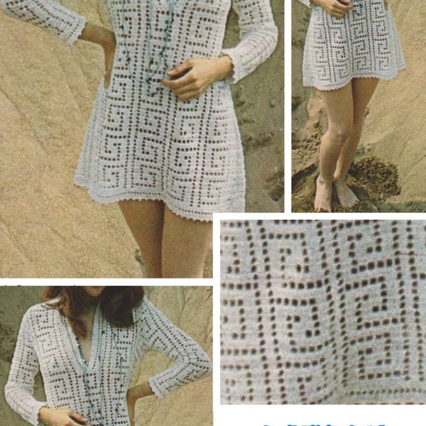 Vintage.Modèle robe- tunique dentelles au crochet ,pour femme.Patron avec tutoriel français format Pdf
