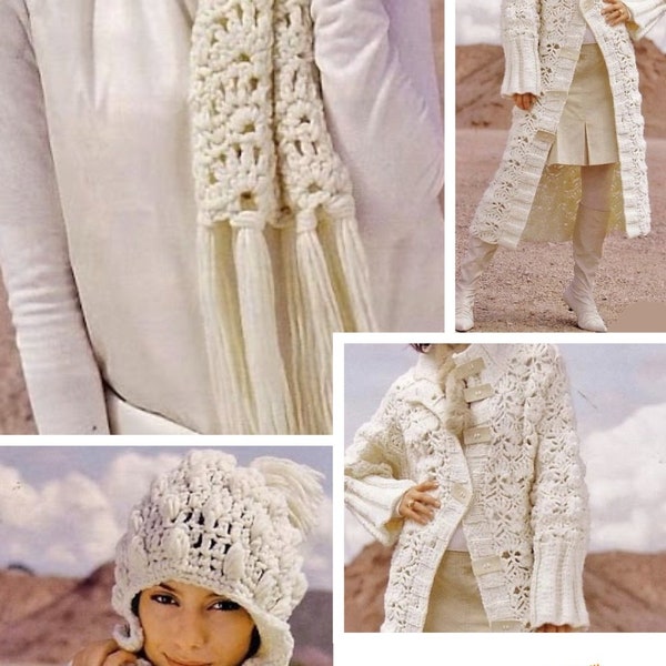 Vintage.Modèles manteau ,bonnet et écharpe couleur blanc au crochet / tricot pour femme.Patron avec tutoriels français format Pdf