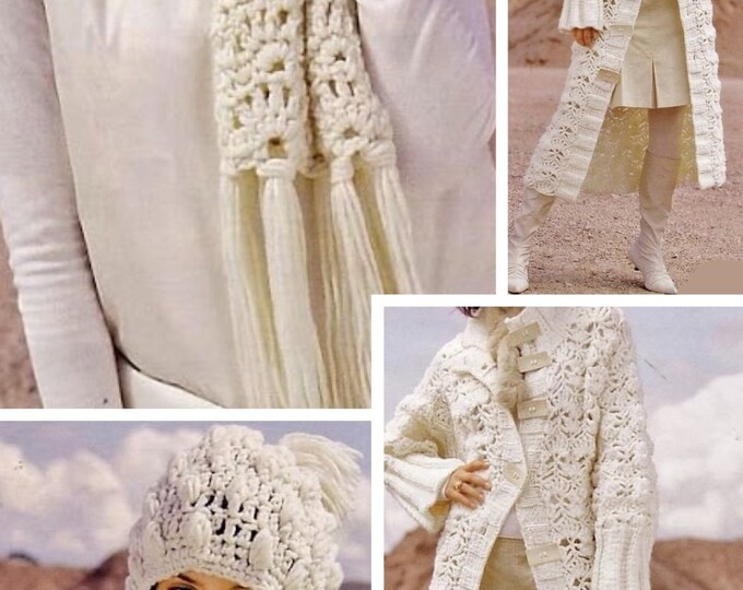 Vintage. Coat, hat and scarf models in white crochet / knitting for women. Pattern with French tutorials in PDF format