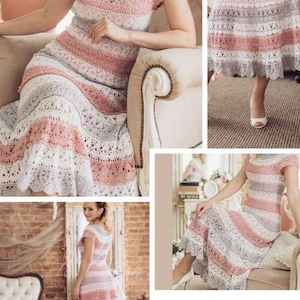 Könnte beinhalten: Ein Häkelkleid mit einem gestreiften Muster in den Farben Rosa, Weiß und Grau. Das Kleid hat einen figurbetonten Oberteil und einen fließenden Rock. Das Kleid wird an einem Model in mehreren Posen gezeigt. Das Bild enthält den Text "FORMAT PDF".