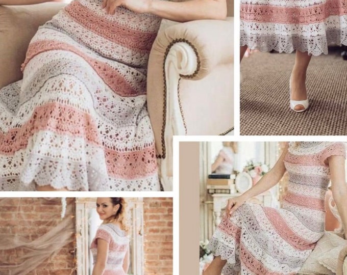 Crochet lace dress pattern International diagrams and diagrams with explanation in technical design in PDF format