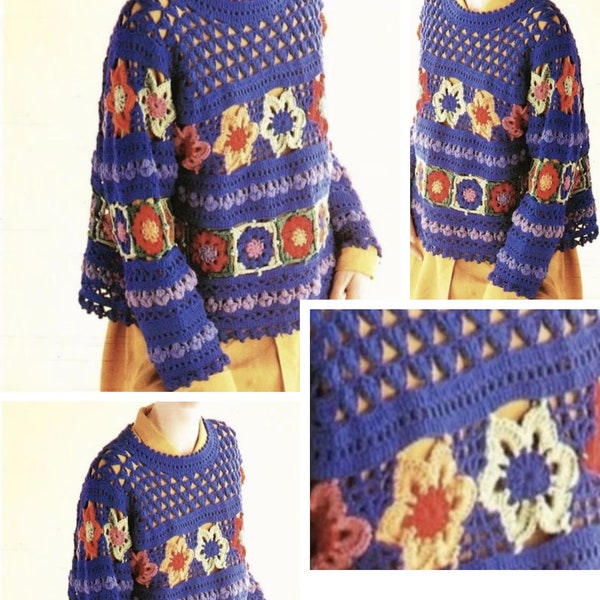 Vintage.Modèle pull dentelles au crochet style boho ,pour femme.Pattern ,patron avec tutoriel anglais,français format Pdf