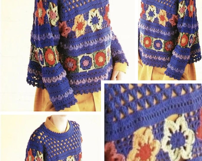 Vintage. Boho style crochet lace sweater model, for women. Pattern, pattern with English tutorial, French PDF format