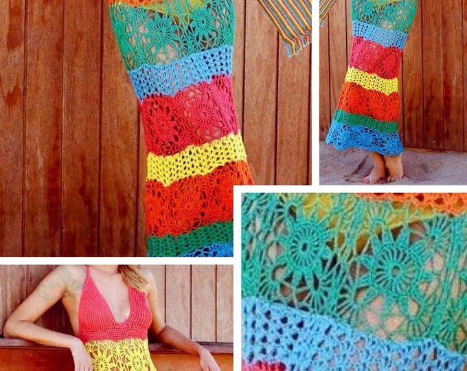 Vintage. Long lace dress model, multicolored cotton crochet, for women. Pattern with French tutorial PDF format