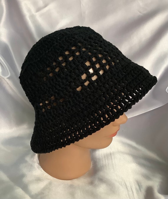 Chic BOB panama fait main au crochet coton , couleur noire   ,pour femme, homme  T55-58