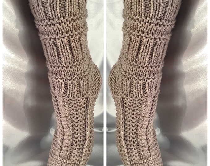 Chic large fancy socks, handmade knit, artisanal goat wool/acrylic yarn for women, one size (35-38