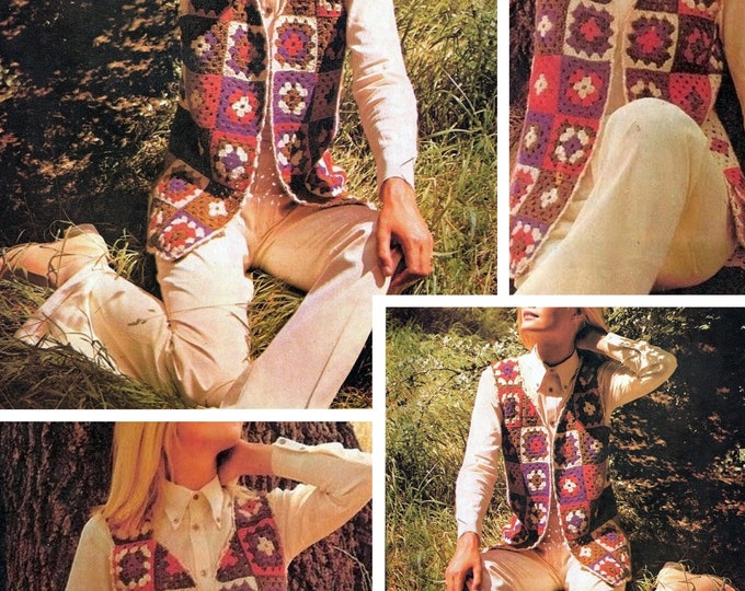Crochet sleeveless vest pattern boho style in multicolor granny square. Patterns with English tutorials in Pdf format