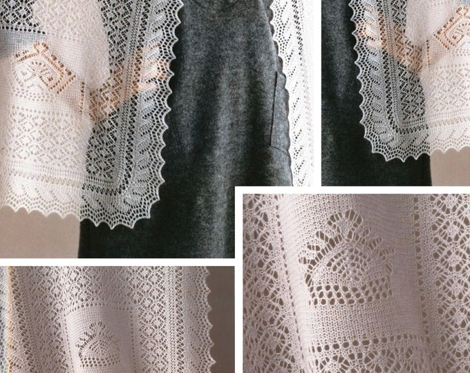 Vintage. Shetland (Orenburg) style shawl model in knitting for women. Pattern with French tutorial PDF format