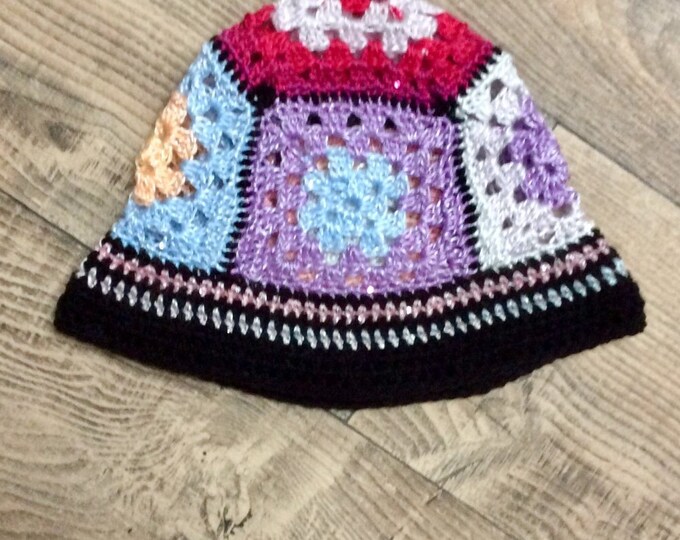 Unique model. Chic handmade crochet bob, grandmother's square style, acrylic with lurex, multicolor for women T+58,