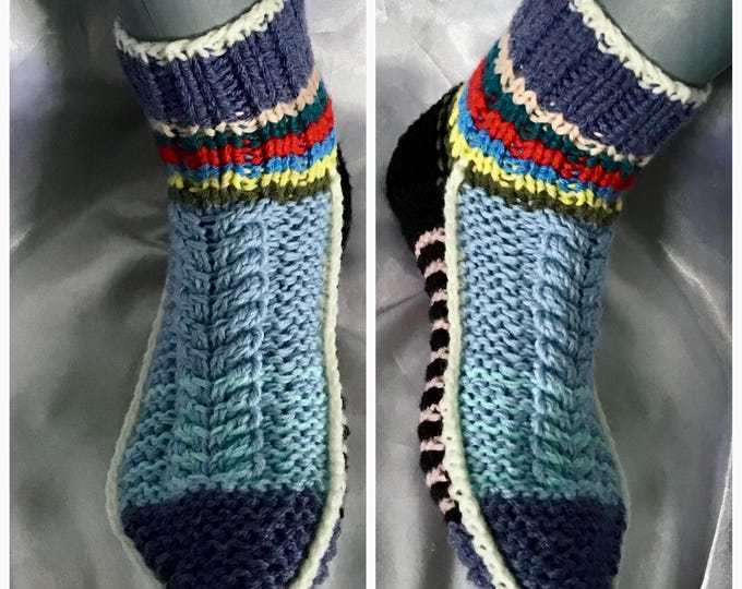 Large handmade knitted socks, multi-colored for women, men, large size 41-44. Acrylic / wool yarn