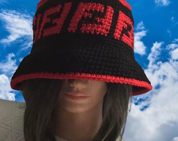 Chic BOB hat handmade in acrylic crochet / organic wool color black / red, for women, men, large size 60-62