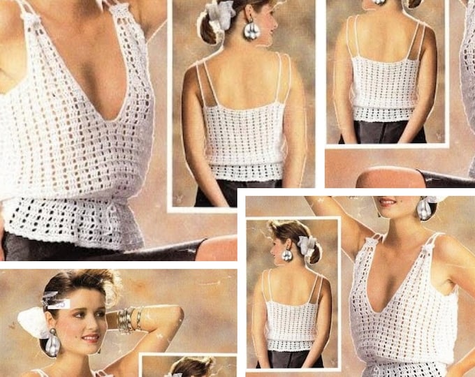 Vintage. Chic top model, white cotton crochet lace tank top, for women. Pattern with English tutorial PDF format
