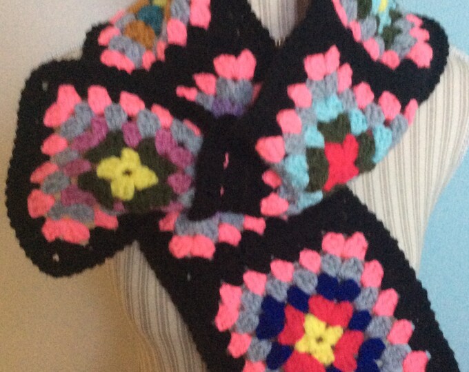 Chic small scarf, hidden boho style crochet collar, hippie with grandmother's square, multicolor soft acrylic / cotton