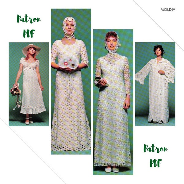 PDF. Vintage small book. Parade of Models 4 crochet lace wedding dress. Schemas, diagrams, French tutorials PDF format