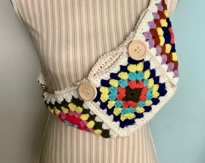 Chic handmade crochet fanny pack, multi-color acrylic / cotton with granny square, hippie boho style, for women
