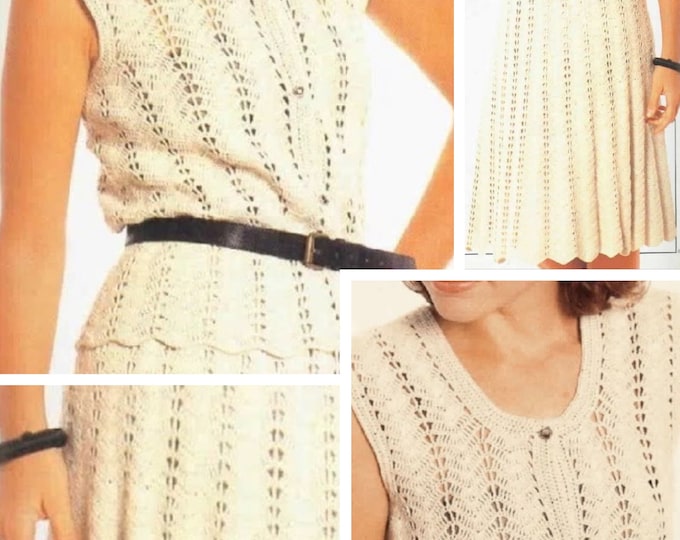 Special offer.Vintage.Model set.Top - white cotton crochet vest and skirt, for women.Patterns with English tutorials PDF format
