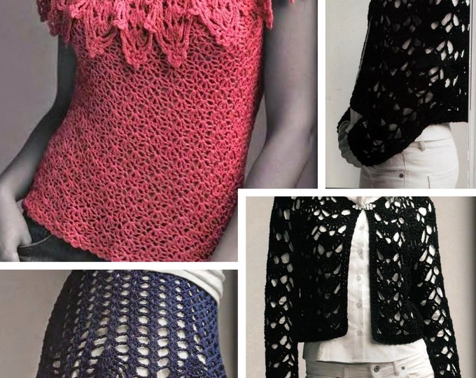 PDF Special offer.3 Crochet patterns (skirt, tank top, bolero) for women.Pattern with tutorials in English PDF format