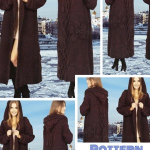 Patroon voor een chique gebreide jas, lang met capuchon. Patronen, patronen met Franse en Engelse instructies in PDF-formaat.