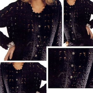 Peut inclure: Un cardigan en crochet noir avec un devant boutonné et un col festonné. Le cardigan est présenté sur un mannequin avec un fond blanc. Le texte "PATTERN PDF" est imprimé en rouge en bas de l'image.