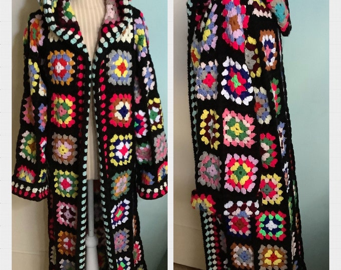 Chic coat - Boho style crochet cardigan with granny square, multi-colored acrylic wool