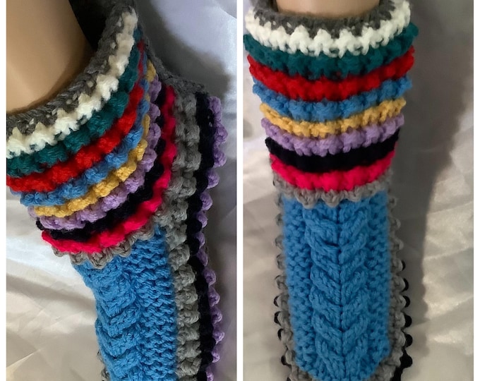 Chic slippers - large indoor boots, multi-colored, handmade knit, soft acrylic wool, for women, one size 37-41