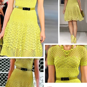 Könnte beinhalten: Ein Häkelkleid in leuchtend gelber Farbe mit einem figurbetonten Oberteil und einem ausgestellten Rock. Das Kleid hat ein Häkelmuster über den gesamten Stoff und ist mit einem schwarzen Gürtel versehen. Das Kleid wird in mehreren Posen an einem Model gezeigt.