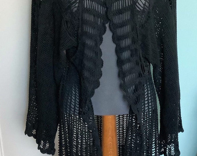 Chic evening cardigan, black crochet lace, 100% cotton, for women size 40-44