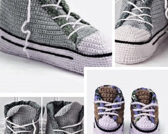 Special offer. Crochet converse sneaker patterns for babies and adults. Pattern, pattern with English tutorials in PDF format