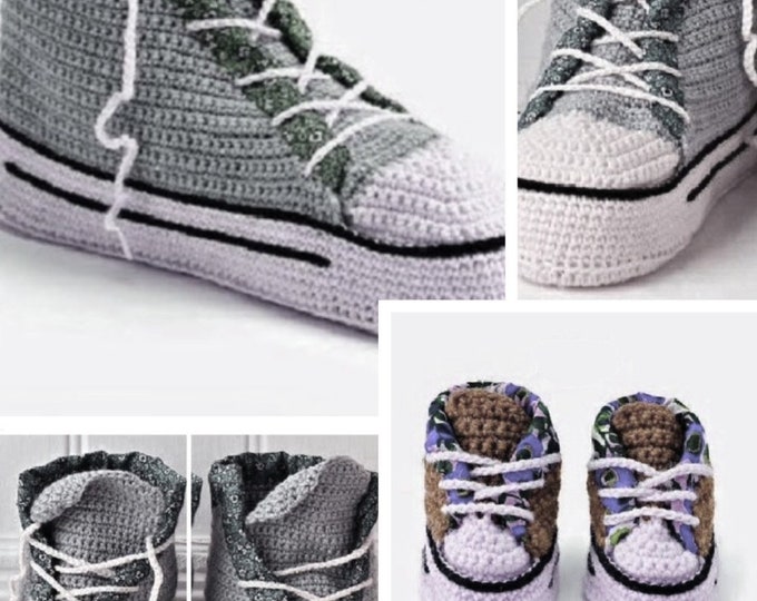 Special offer. Crochet converse sneaker patterns for babies and adults. Pattern, pattern with English tutorials in PDF format