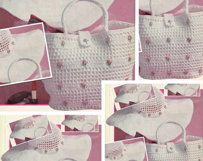 Special offer.Model set.White cotton crochet beach hat and bag, for women.Patterns with English tutorials PDF format